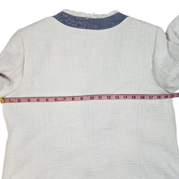 Talbots Petites White Denim Tweed Blazer Jacket Size 12P Button Up Fringed Chic - Picture 15 of 16